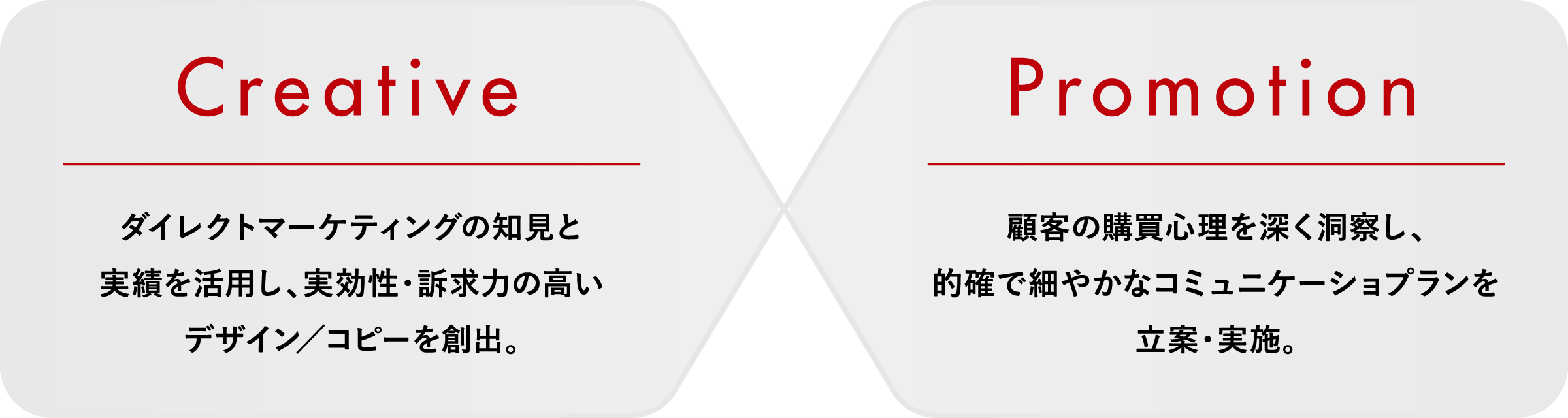 Creative ダイレクトマーケティングの知見と実績を活用し、実効性・訴求力の高いデザイン／コピーを創出。 Promotion 顧客の購買心理を深く洞察し、的確で細やかなコミュニケーショプランを立案・実施。